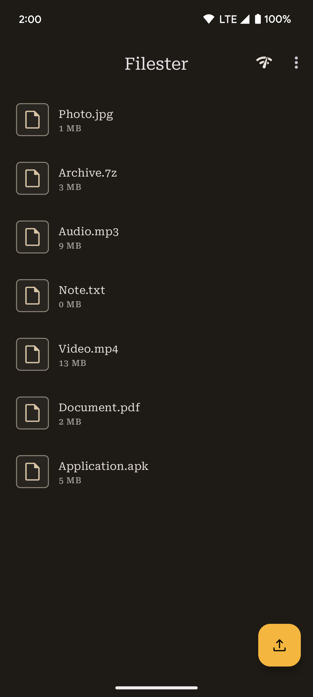 The Filester app showing a list of uploaded files